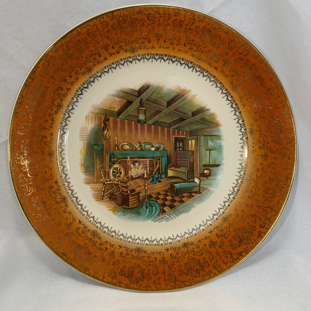 Vintage Salem China Plate 23K Gold Colonial Fireplace Scene Farmhouse Wall Decor